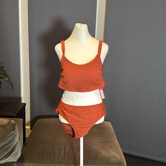 Women’s Xhilaration Plus Size Orange 2 Piece Bikini Smocked Top Size 3X NWT - Picture 2 of 13